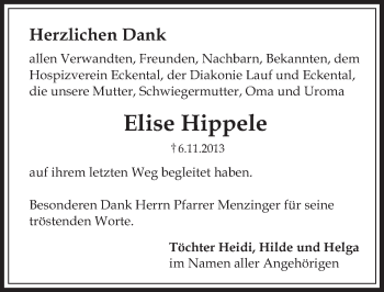 Traueranzeige von Elise Hippele von Pegnitz-Zeitung